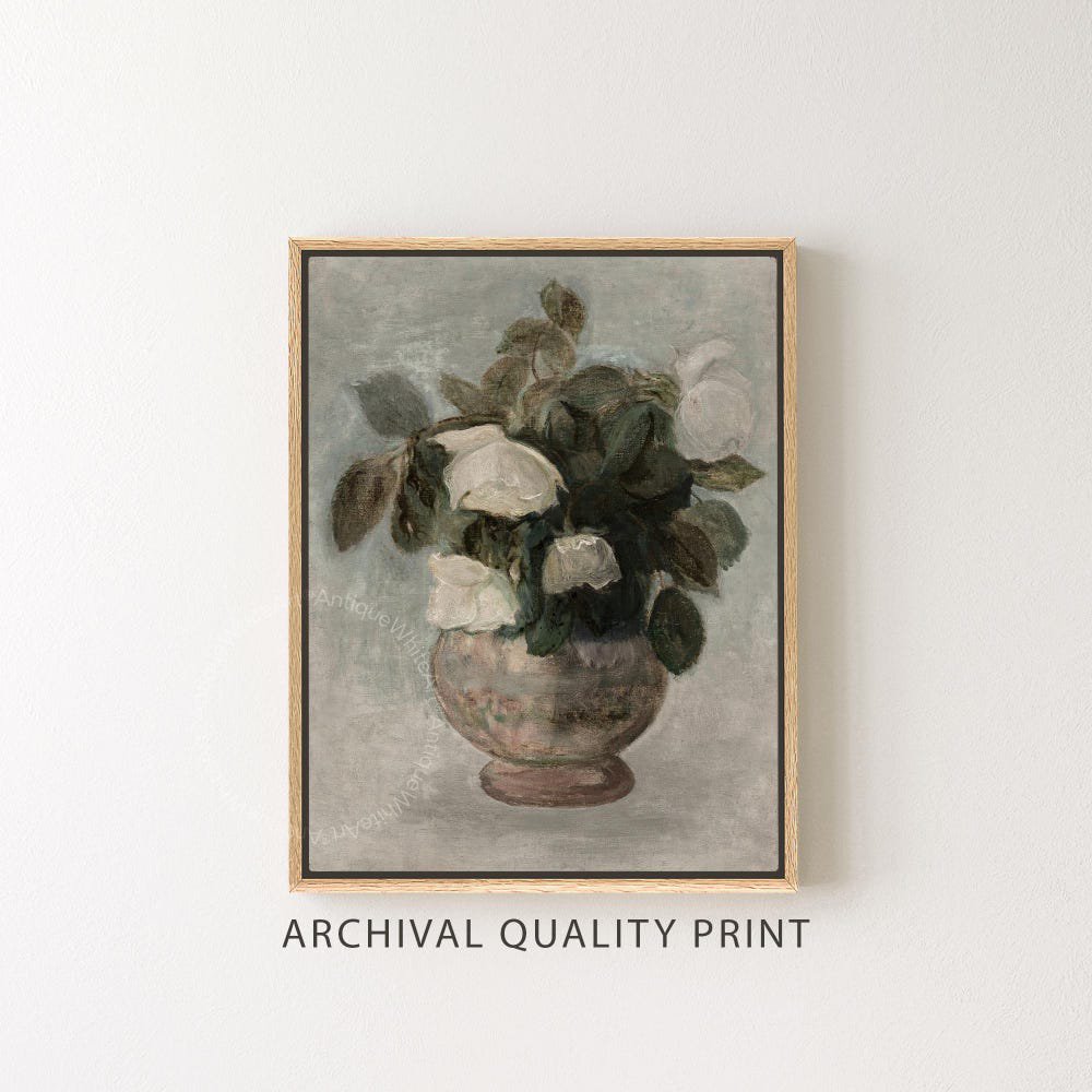 Vintage White Rose Vase Floral Botanical Nature Poster