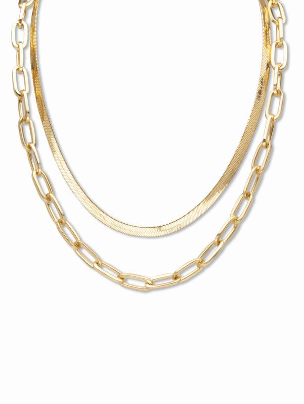 Multi-Link Herringbone and Paperclip Necklace Gold-Plated 18'- 20' Length