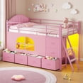 thumbnail image 3 of Low Loft Bed Twin Size with Upholsterd Headboard and 8 Storage Drawers, Metal Loft Twin Bed Frame with LED Lights, Under-Bed Play Area, Play Curtain, Safety Guardrail and Ladder, Pink, 3 of 10
