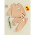 thumbnail image 2 of FEORJGP Toddler Girl Fall Clothes Infant Baby Long Sleeve Sweatshirt Daisy Embroidered Jumpers Crew Neck Tops Solid Drawstring Sweatpants Long Pants Set 2Pcs Outfit, 2 of 9