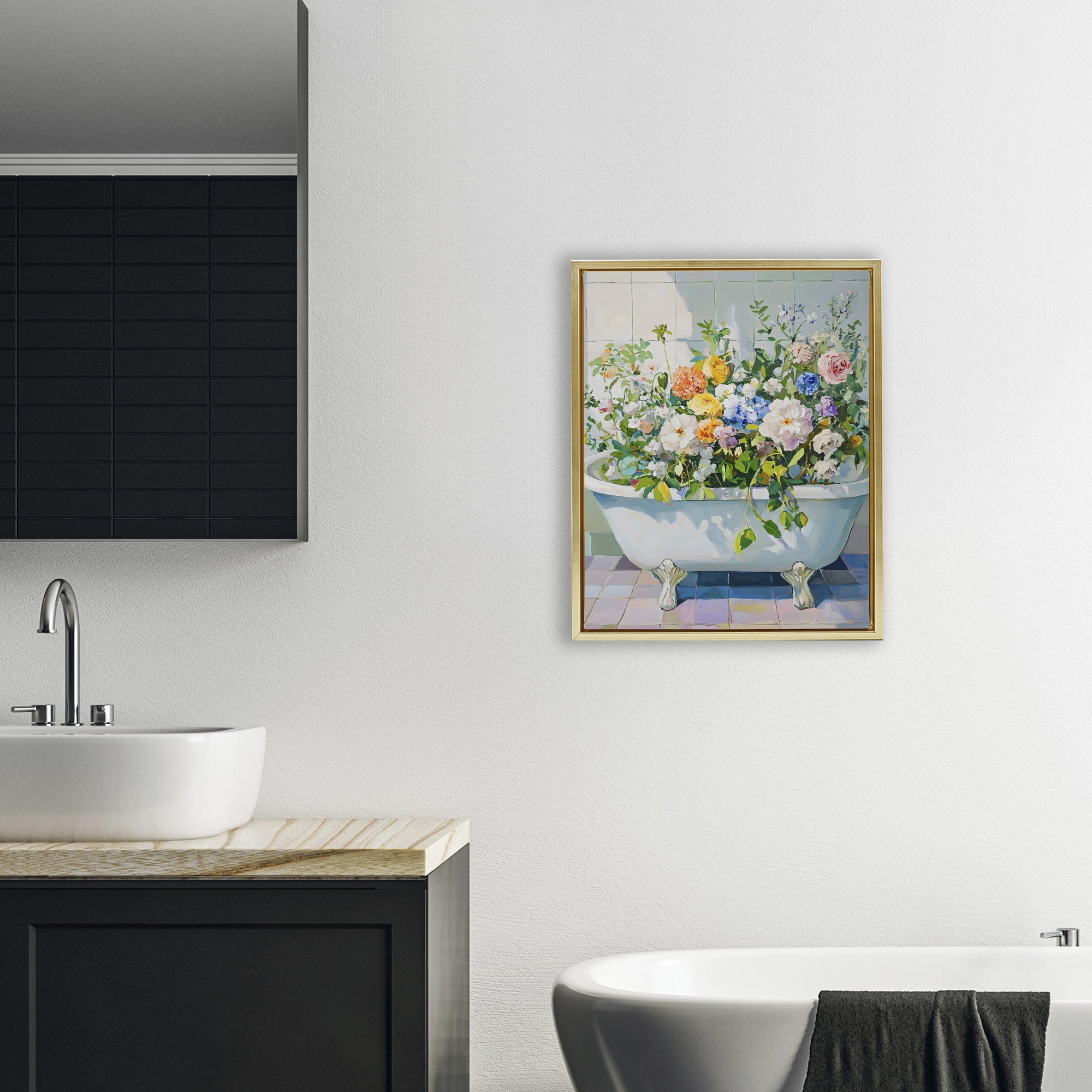Stupell Industries Vintage Bathtub Bouquet Overgrowth Gold Framed Floater Canvas Wall Art, design by The Prints Vibe