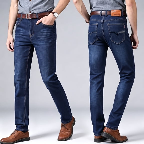 DENTOYOU Men's Regular Straight Fit Jean Pants Comfort Flex Waist Denim Jeans Blue 34