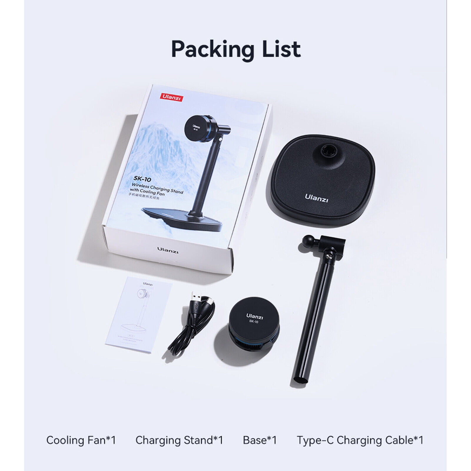 Ulanzi SK-10 Wireless Charging Stand with Built-In Cooling Fan 18W Fast Charger with Height Adjustable Arm & 360° Rotation for iPhone 15/14/13/12 Series, MagSafe Compatible