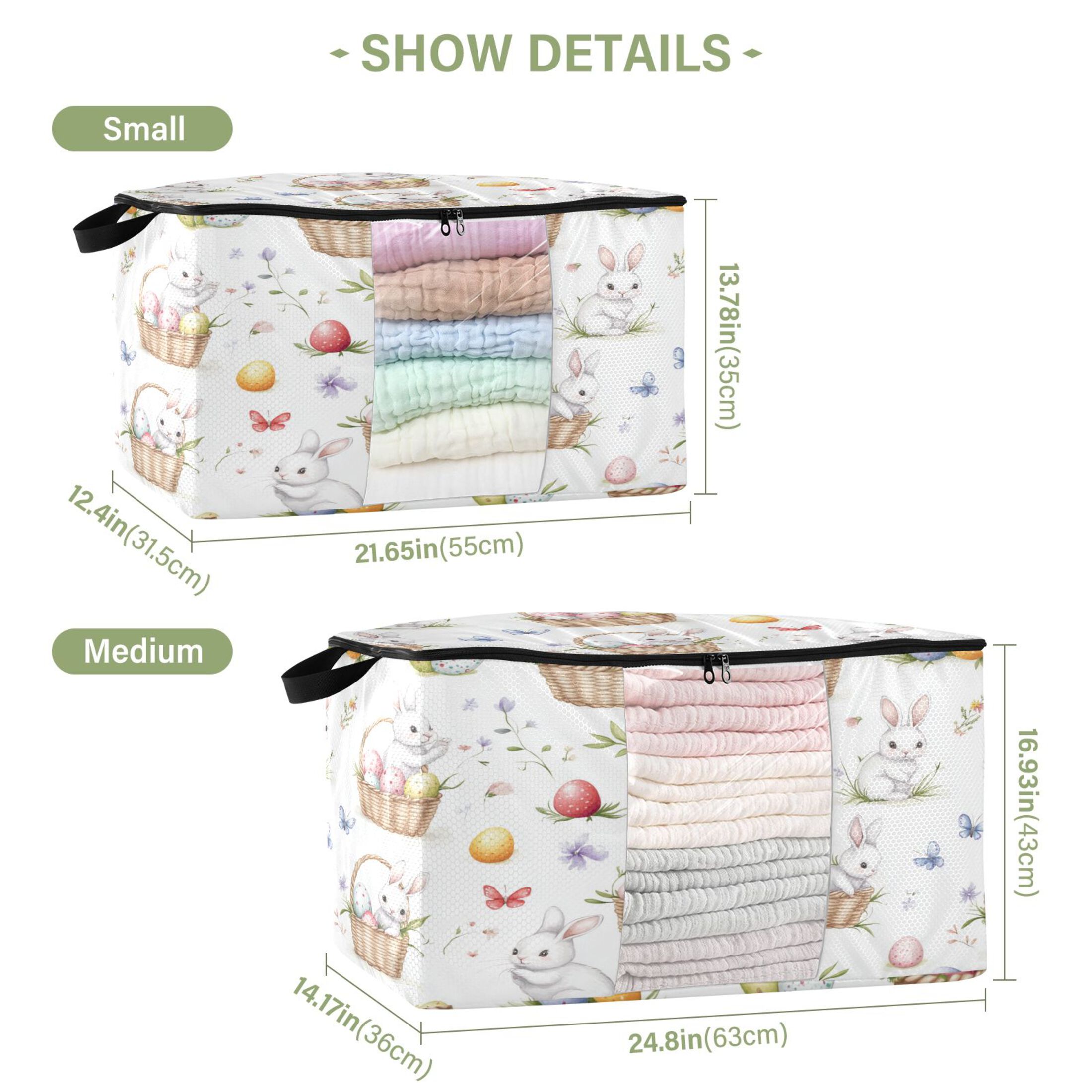 Foldable Clothes Storage Bags Clothes Organizer Bin with Clear Windows for Clothes Bedding Easter Bunnies and Baskets