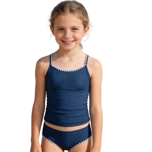 Aocisk Girls Swimsuits Solid Color Contrast Trim Swimwear 2 Piece Bathing Suit Padded for Teens 8 14Y Vest Style Bathing Suit Toddler Navy 11-12 Years