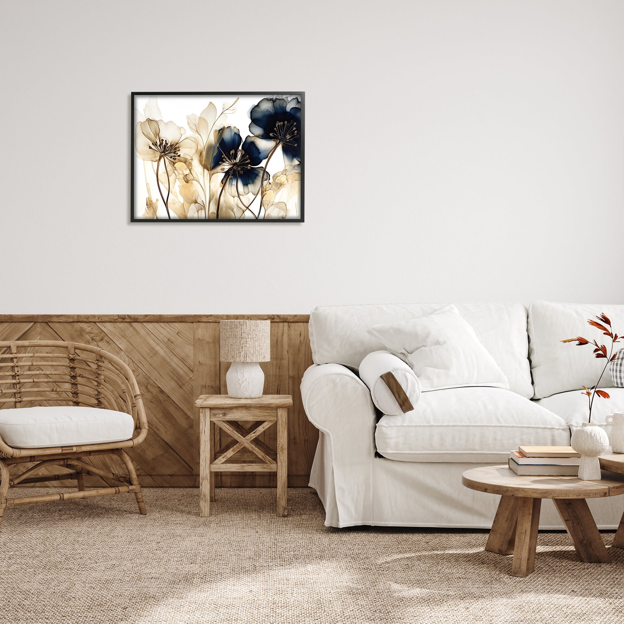 Stupell Industries Navy & Gold Flowers Botanical & Floral Painting Black Framed Art Print Wall Art, 30 x 24