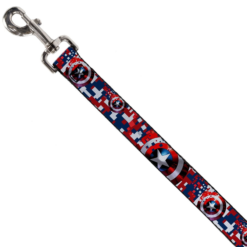 Marvel Comics Pet Leash, Dog Leash, Captain America Shield Digital Camo Blue White Red, 4 Feet Long 1.0 Inch Wide