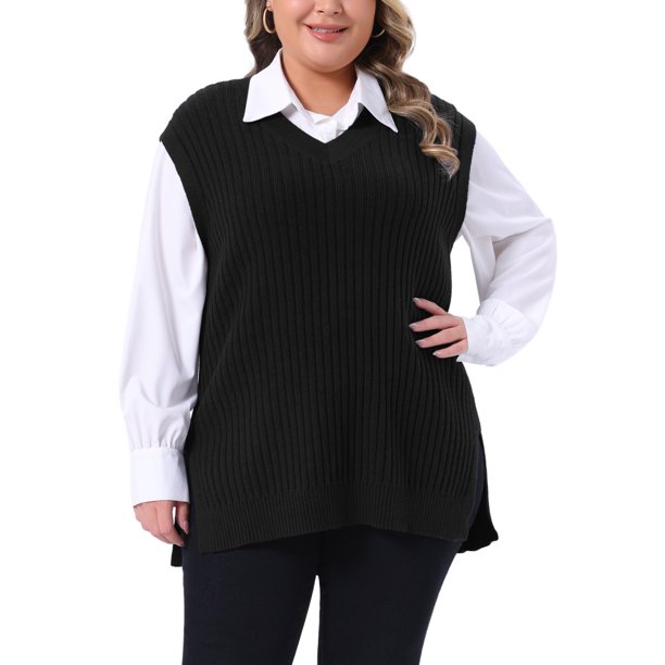 Chaleco de suéter de mujer de tallas grandes Agnes Orinda, tejido acanalado, cuello en V, sin mangas, con dobladillo dividido, blusa casual sin mangas 2X negra