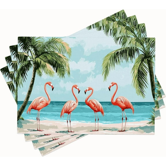 Flamingo Placemats Set of 4 Beach Coastal Table Mats Washable Palm Tree Nautical Place Mats for Home Party Indoor Kitchen Dining Table Decoration 12x18 Inch
