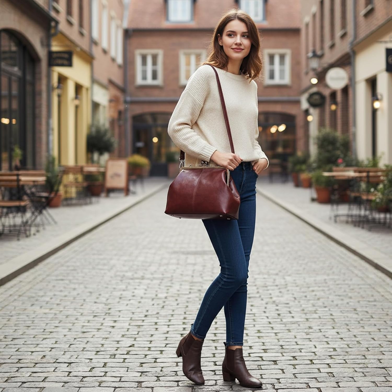 SPEKSEE Vintage Crossbody Bags for Women, Retro PU Leather Hobo Bag with Metal Kiss Lock, Large Brown Purse for Fall&Winter