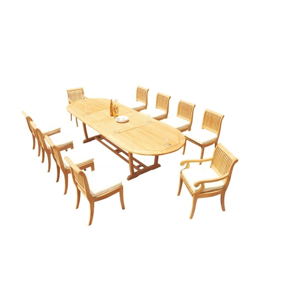 Grade-A Teak Dining Set: 10 Seater 11 Pc: 118" Mas Oval Trestle Leg Table And 10 Giva Chairs (2 Arm & 8 Armless Chairs) WholesaleTeak #51GV2711