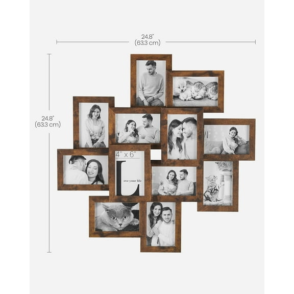 4x6 Collage Picture Frames, 12-Pack Photo Wall Decor with Glass Front, Rustic Brown