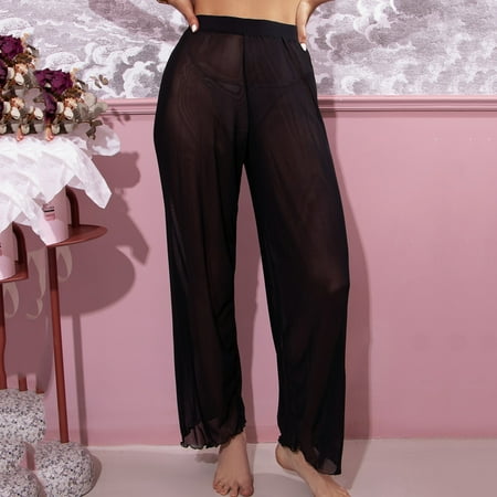 Winunum Swimsuit Cover Up Pants Linen Pants Women Mesh Ruffle Trim Cover Up Pant Beach Cover Up Beach Wrap Bikini Pant Cover Up Beach Pants Cover Up Pants Boho Pants for Women Black L