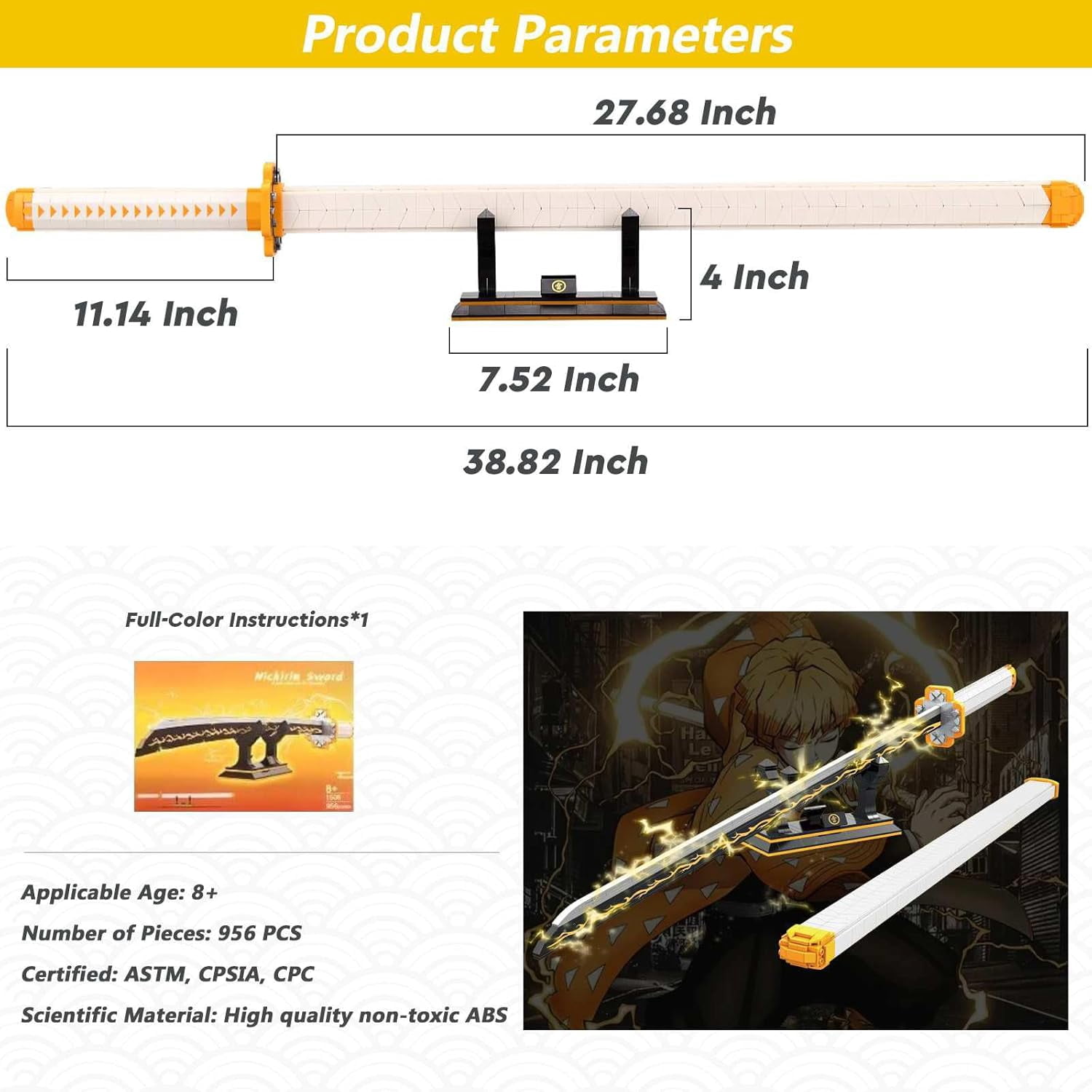 Zenitsu Sword Building Set, 38.8in Demon Sword Set with Scabbard and Stand, Cosplay Anime Samurai Sword, Handmade Katana Toy Sword for Adults and Kids 8+