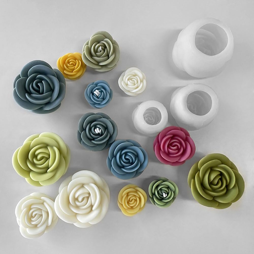 ABCISI 3pcs 3D Rose Flower Candle Mold, Silicone Flower Molds for Candle Making Supplies, Floral Epoxy Resin Molds for DIY Scented Candles Soap Cement Gypsum, 3 Sizes