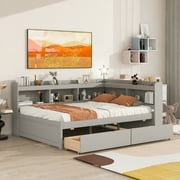 YC Full Bed with L-shaped Bookcases, Drawers ,Grey