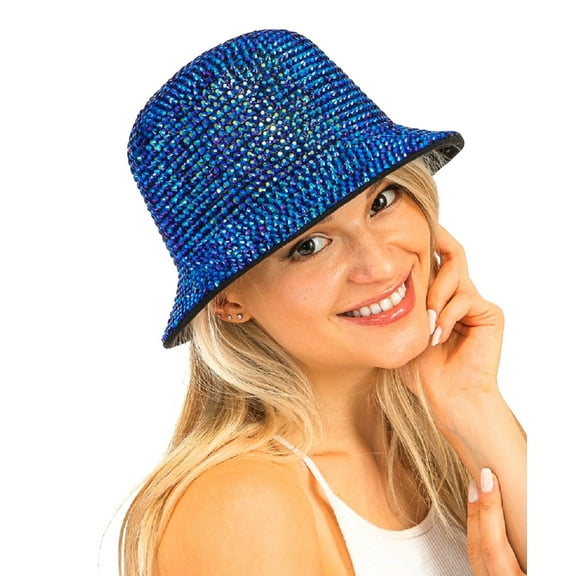 2Chique Boutique Women's Rhinestone Embellished Short Brim Bucket Hat Blue