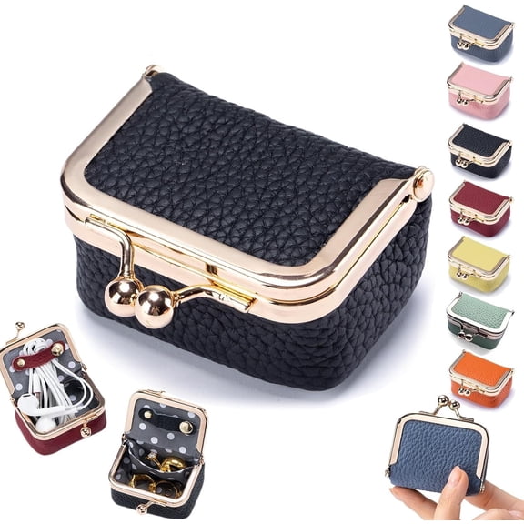 Genuine Leather Mini Jewelry Box, Portable Vintage-Inspired Genuine Leather Coin Purse Jewelry Case with Kiss Lock, Mini Travel Ring Box for Women for Earring/Ring/Necklace/Bracelet