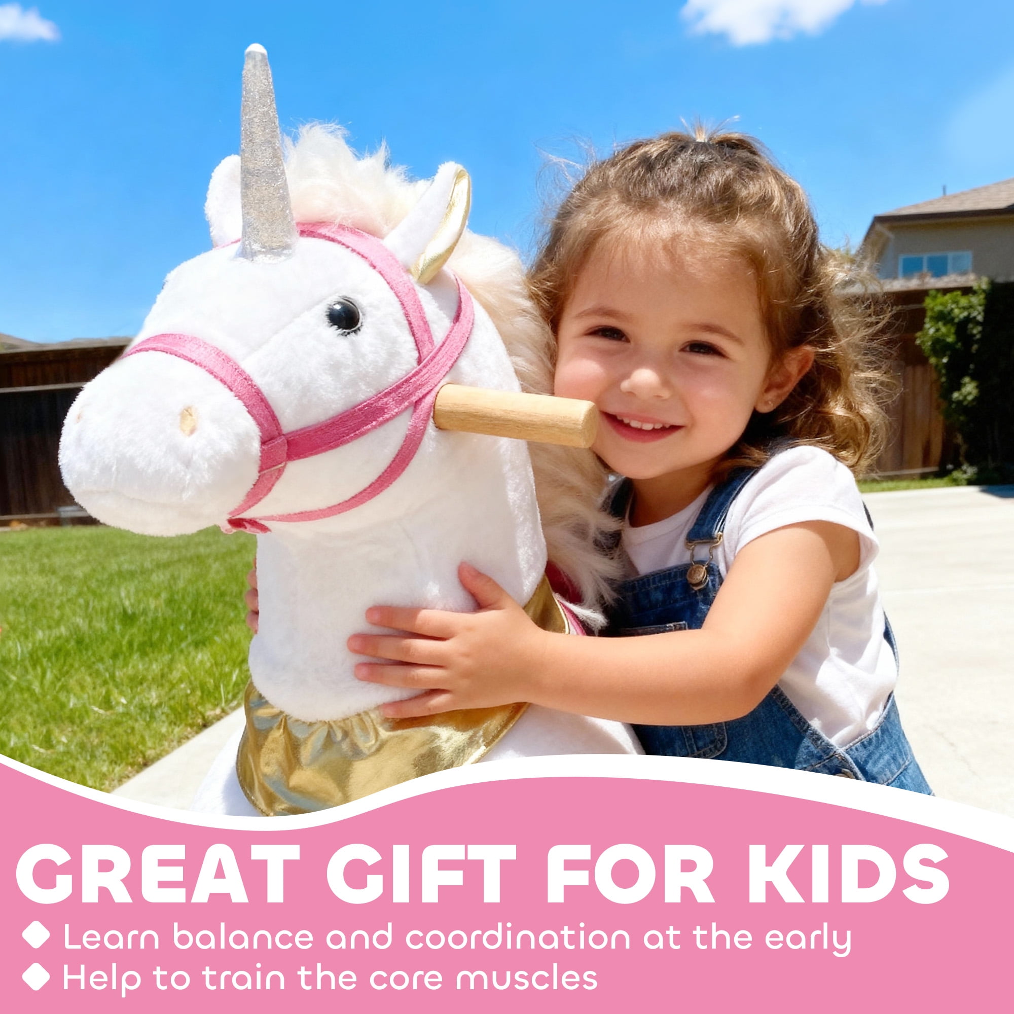 Qaba Ride on Unicorn Toy for Kids 3-5 Years, 29.5 Inch Plush Baby Rocking Horse, Mechanical Walking Animal with Wheels, No Batteries Required, White