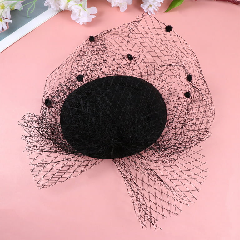 HOMEMAXS Womens Black Woolen Hat Topper Mesh Fishnet Veil Small Hair Clips  Funeral Headwear Hair Accessory 