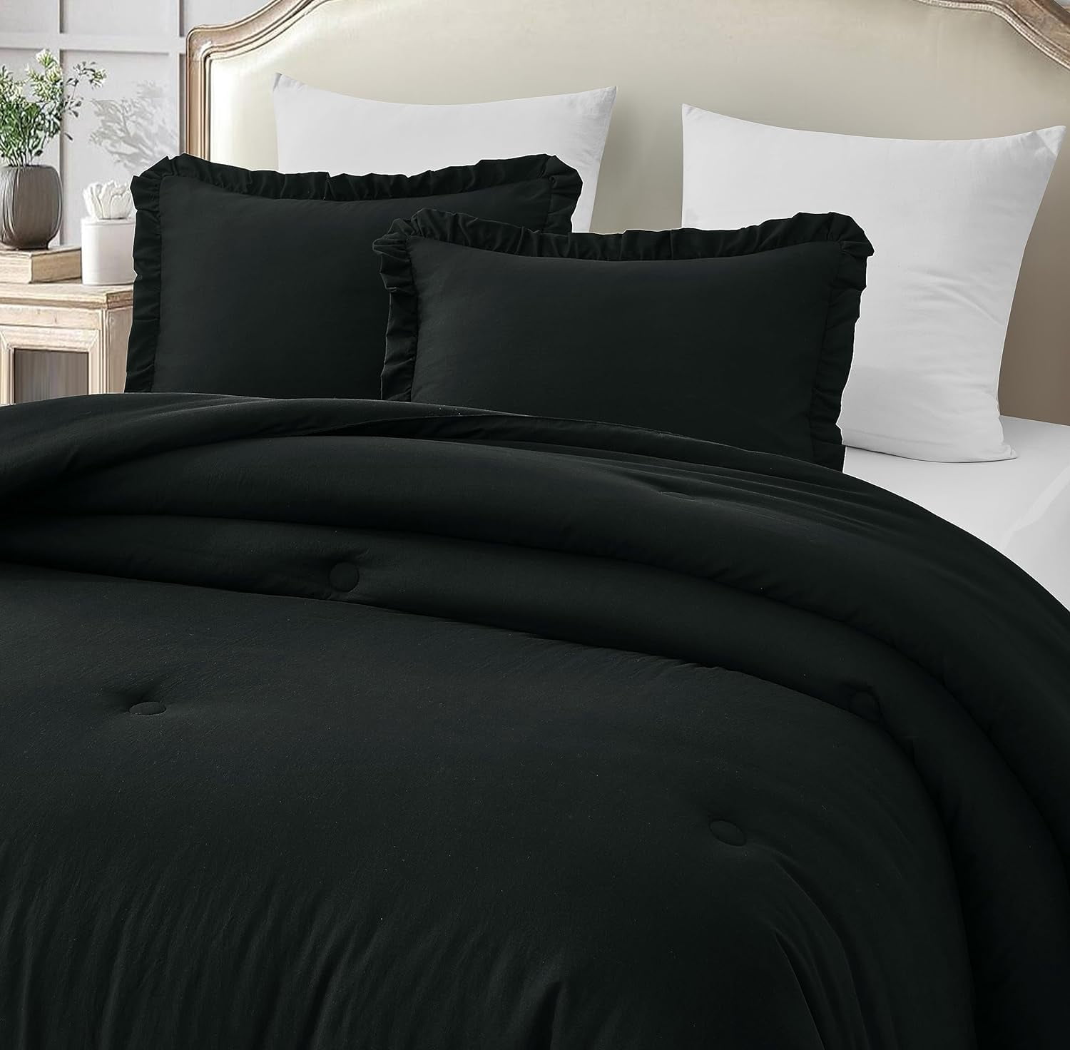 Chezmoi Collection Nora 3-Piece Black Ruffled Edge Trim Microfiber Comforter Set, Oversized King Size