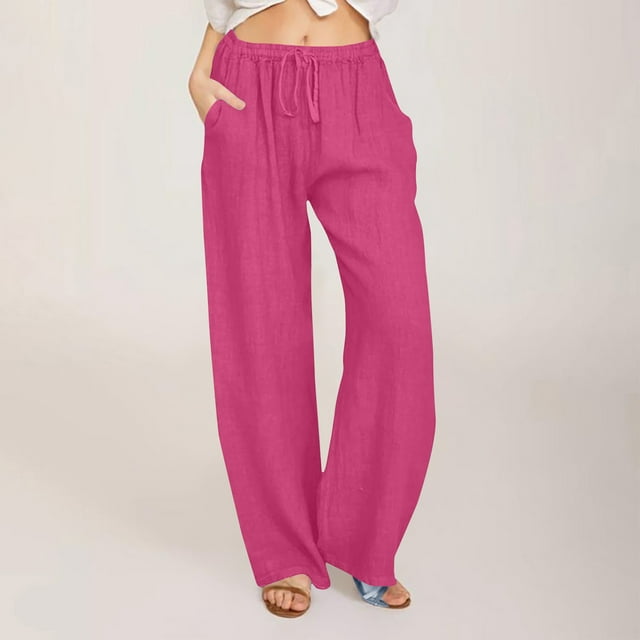 Meichang Womens Linen Pants Summer Wide Leg Pants with Pockets Elastic Waisted Drawstring Long Trousers Solid Color Cotton Linen Pants with Pockets