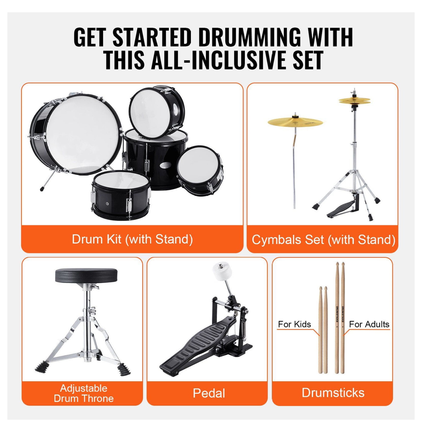 Kids Drum Set 5-Piece Beginner Drum Kit - 16 inch Black Drum Set with Throne, Pedal, Sticks - Children Drum Set for Kids Ages 6-13 Musical Instrument