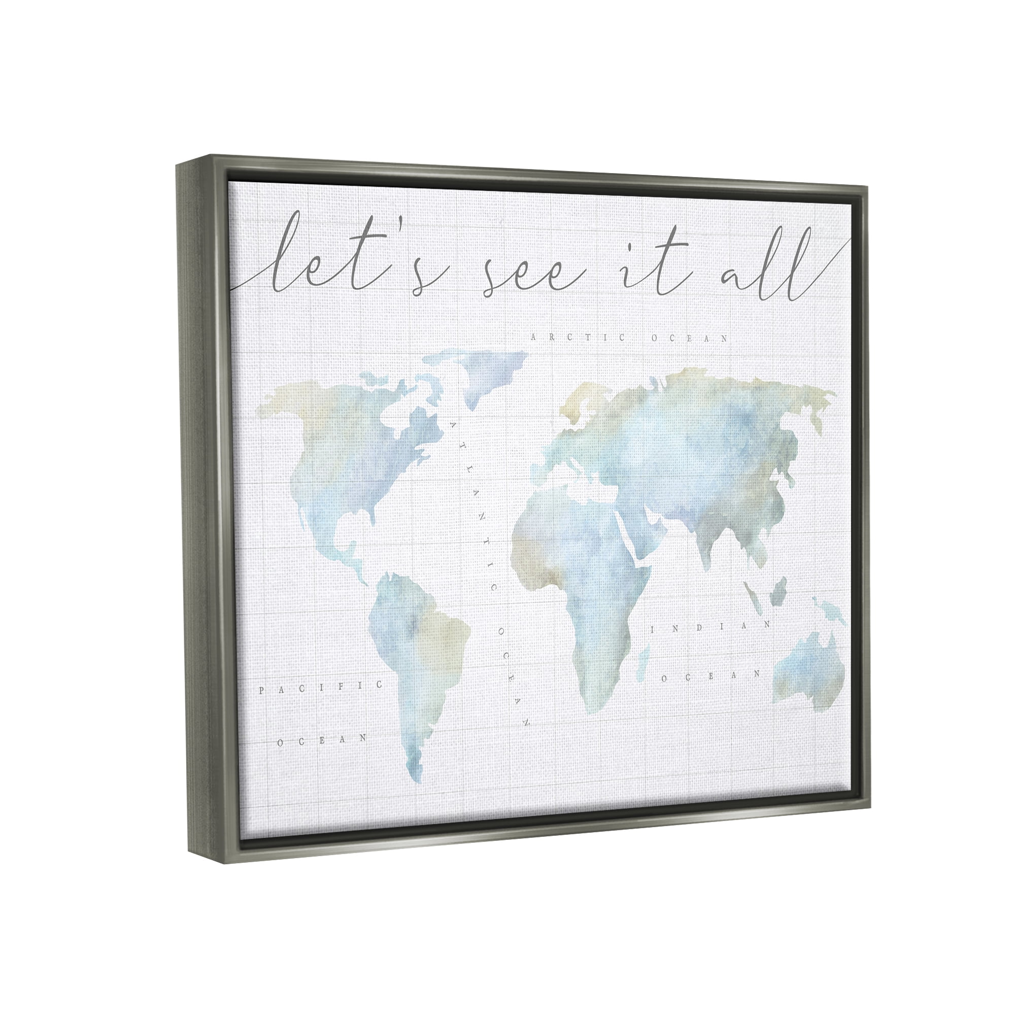Stupell Industries Let's See It All World Map Typography Painting Gray Floater Framed Art Print Wall Art