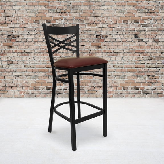 Emma Oliver 2 Pack Black "X" Back Metal Restaurant Barstool - Burgundy Vinyl Seat