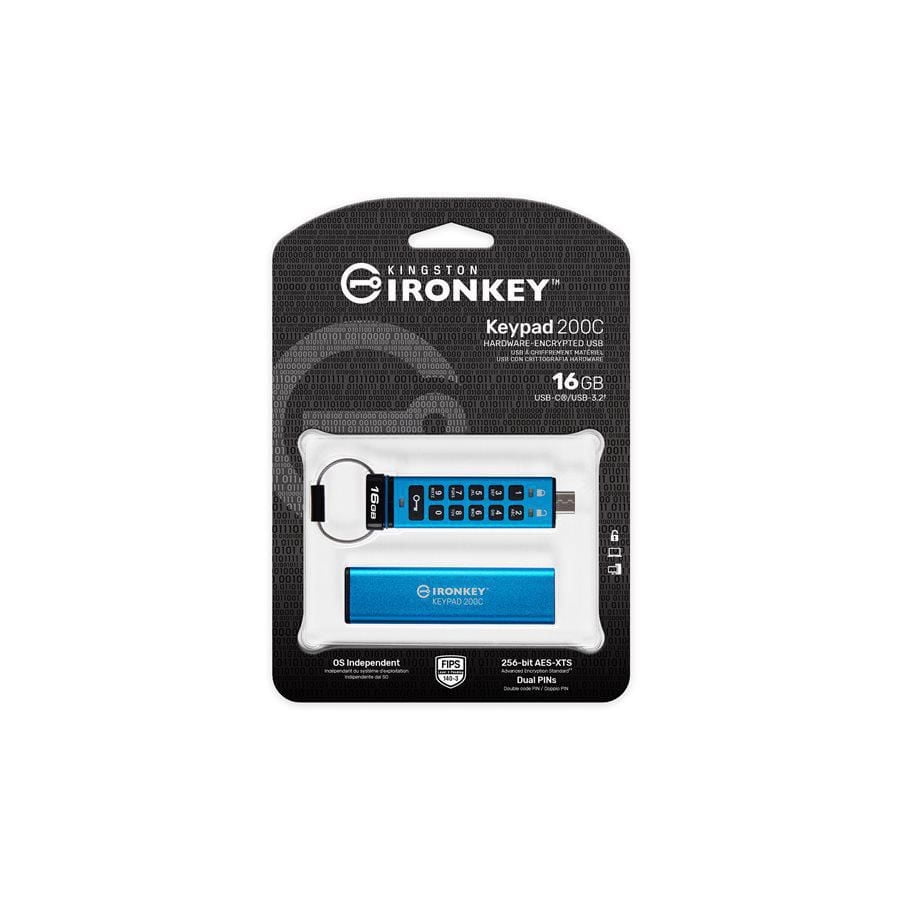 Kingston Ironkey Keypad 200 USB-C 16GB Encrypted Flash Drive | OS Independent | FIPS 140-3 Level 3 | XTS-AES 256-bit | BadUSB and Brute Force Protection | Multi-Pin Option | IKKP200C/16GB