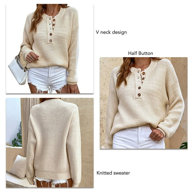 Women Sweater V Neck Half Button Pullover Knit Top Ladies Long Sleeve Loose Casual Sweater Apricot L Walmart