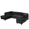 thumbnail image 3 of Reversible Sectional Sofa with Chaise Lounge, Modern L-shaped Linen Sofa with Storage Ottoman and Cup Holder, Rivet Trim Upholstered Living Room Sofa with Removable Back Cushion, Black, 3 of 7