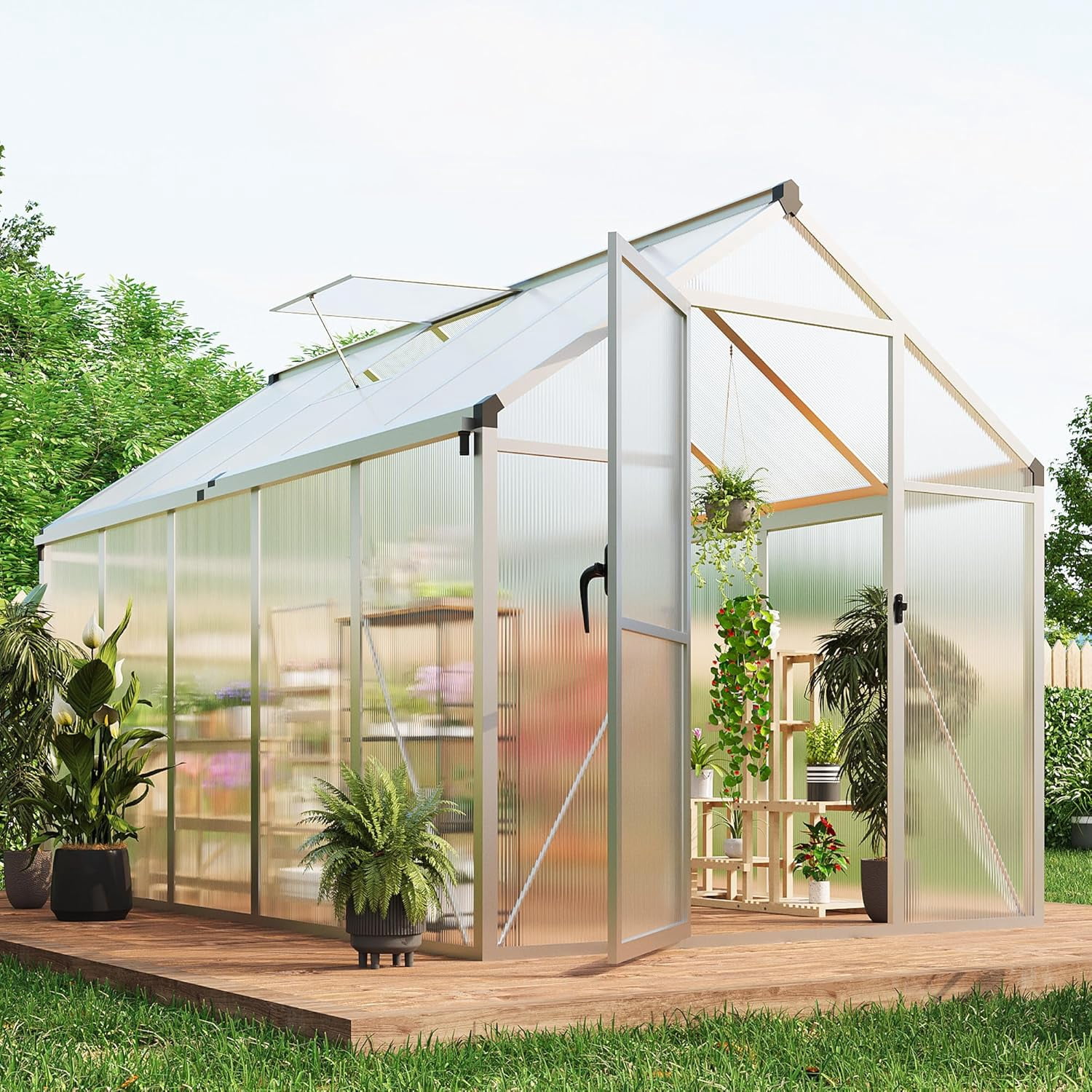 EastVita 6x10 FT Greenhouse for Outdoors Polycarbonate Greenhouse with Roof Vent Ground Nails Lockable Push Door Aluminum Large Walk-in Green House for Outside Garden Backyard Patio Lawn Silver