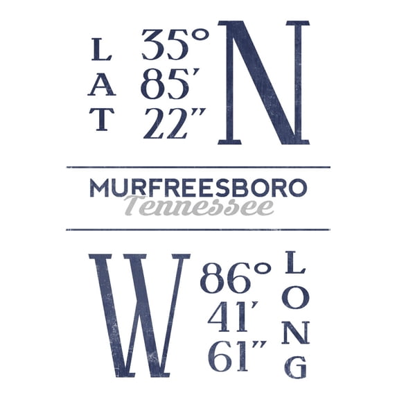 Murfreesboro, Tennessee, Latitude and Longitude (Blue) (36x54 Giclee Gallery Art Print, Vivid Textured Wall Decor)