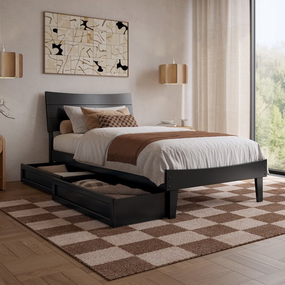 Phoenix Twin XL Solid Wood Platform Bed with Drawers in Black