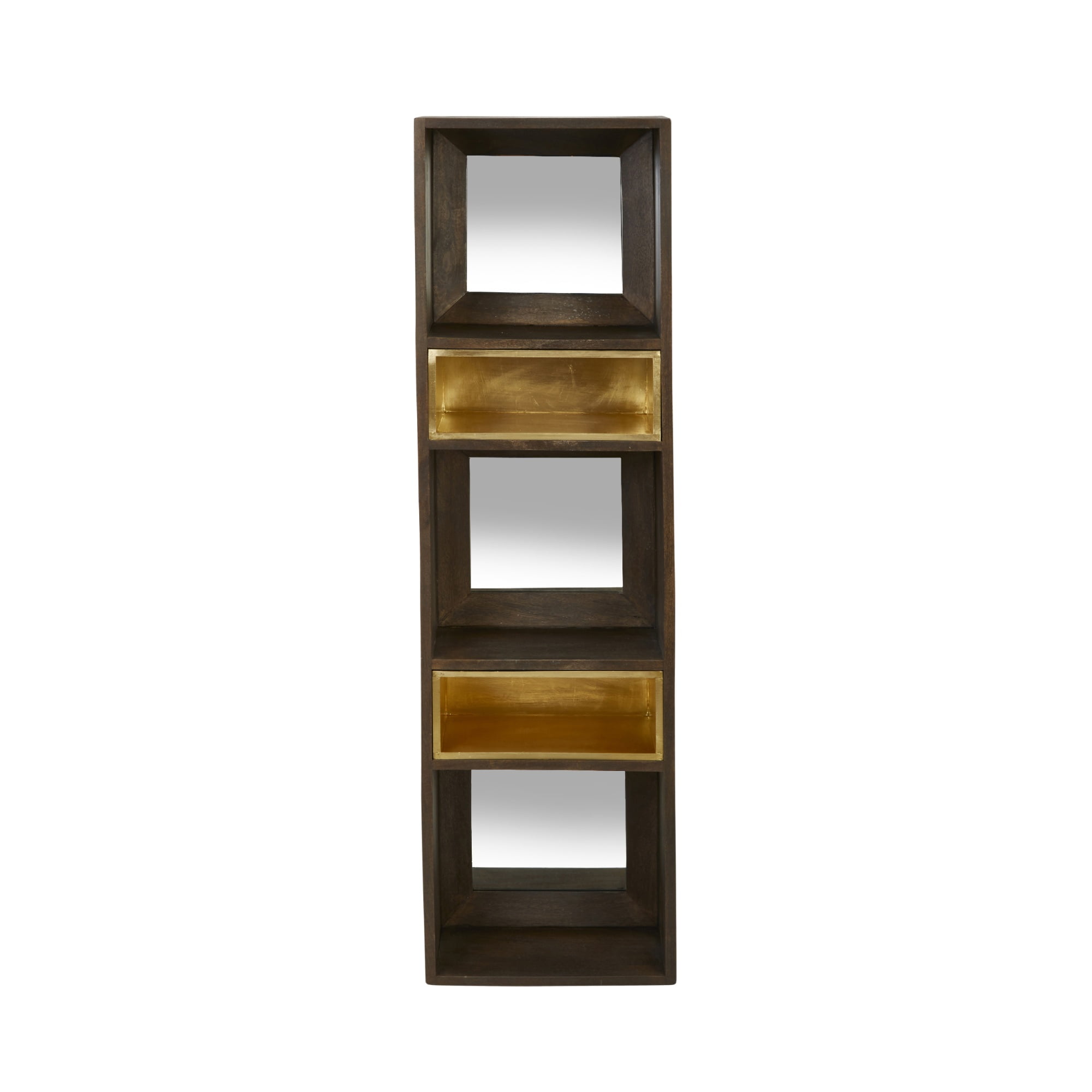 Rectangular Wooden Free Standing Mirror with 2 Shelves, Brown and Gold