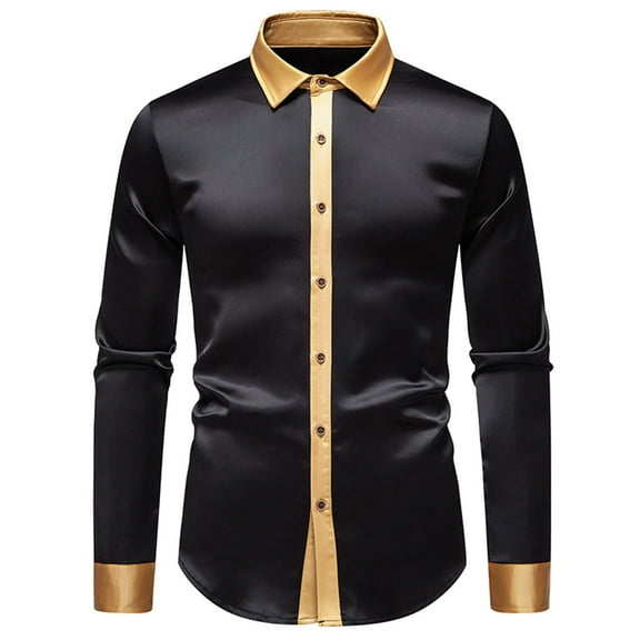 Mens Satin Silk Shirts Button Down Color Block Long Sleeve Turndown Collar Blouse for Party Disco