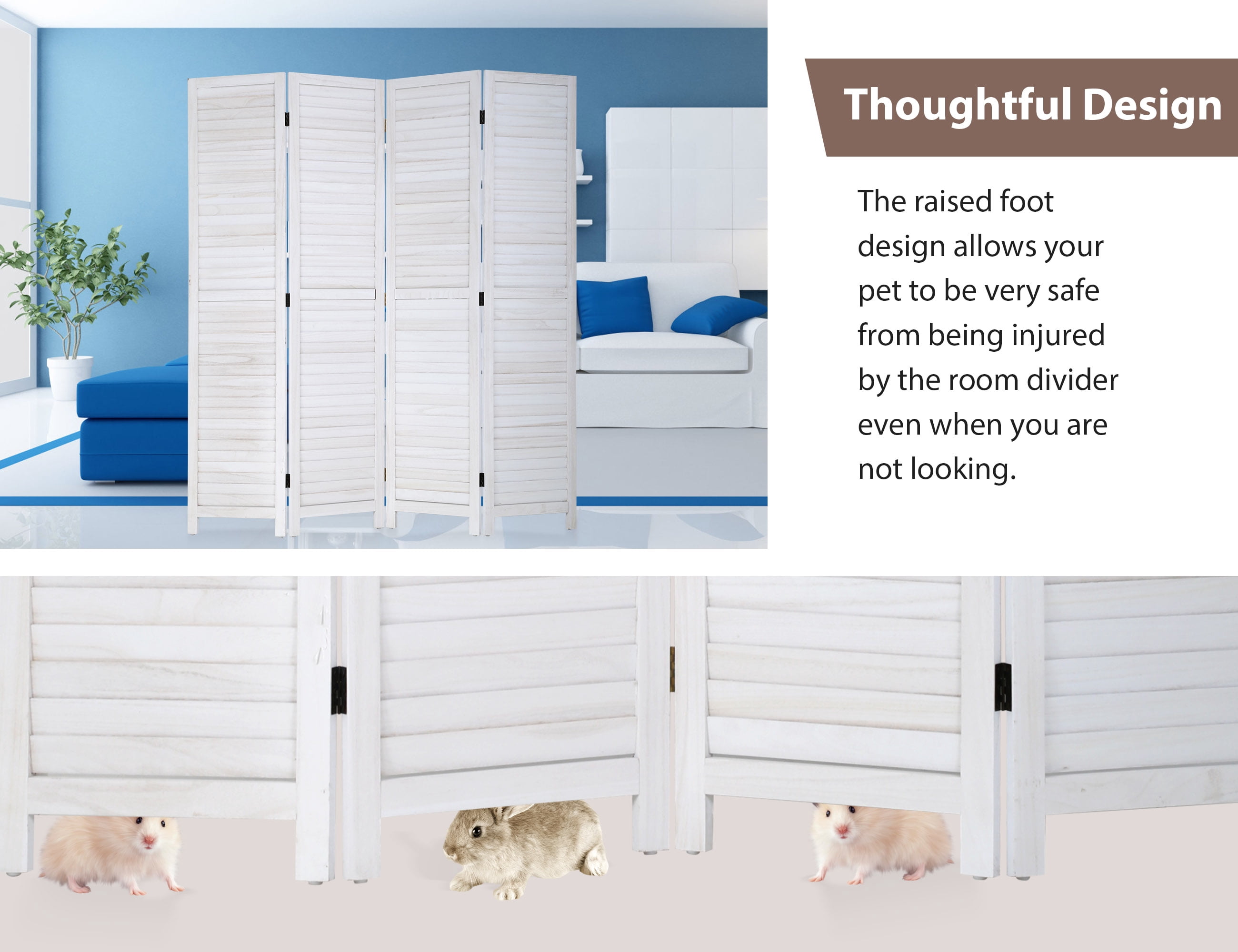 YRLLENSDAN 4 Panel Wood Room Divider White 5.6 Ft Tall Privacy Wall Divider 66.9" x 15.75" Each Panel Folding Wood Screen for Home Office Bedroom Restaurant (White)