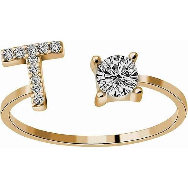 26 Letters Rings for Women - Diamond Rhinestone Studded Zirconia Open Adjustable Rings Jewelry Accessory Gifts (T, Adjust)