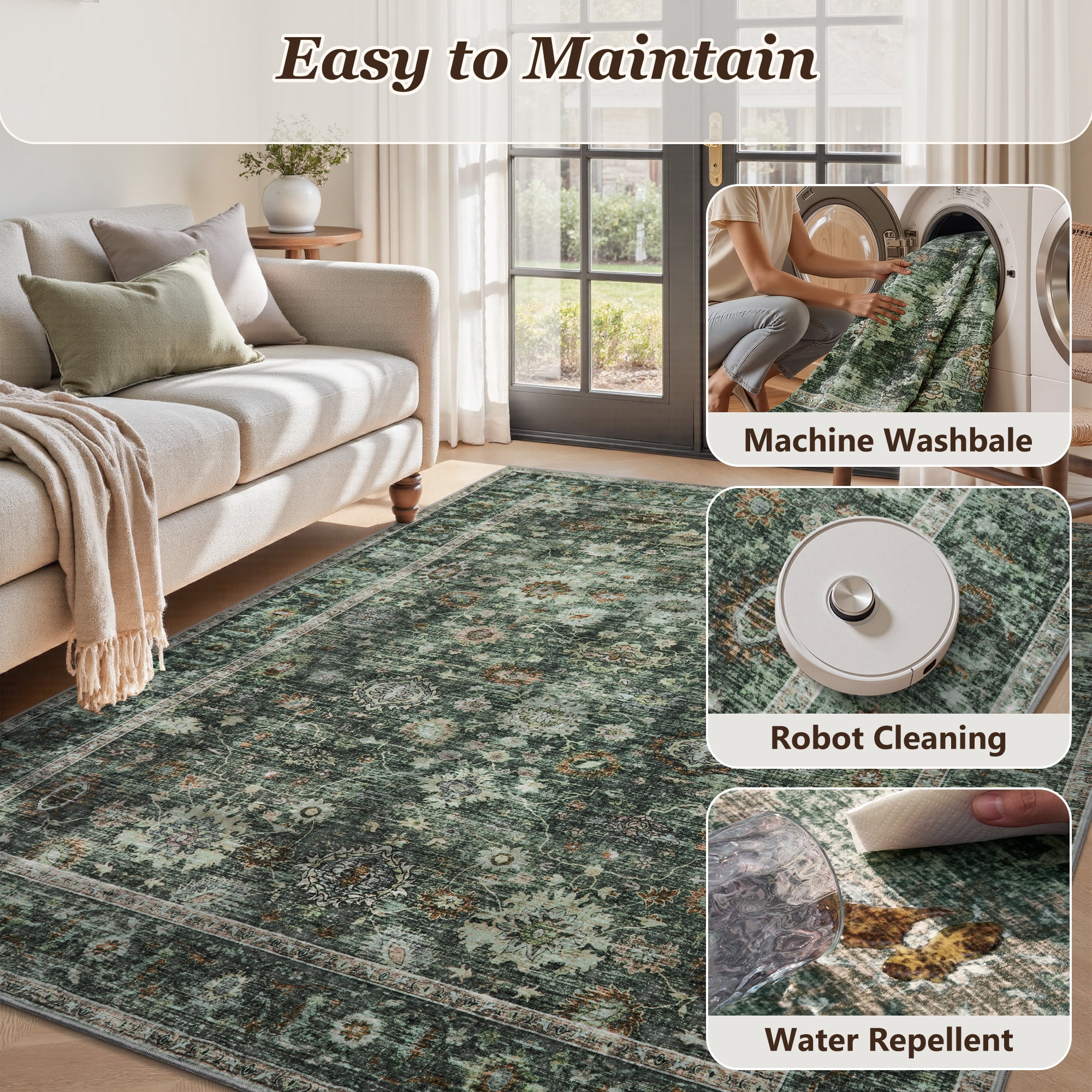 SIXHOME 9'x12' Area Rugs for Living Room Rugs for Bedroom Vintage Soft Floral Area Rug Washable Botanical Printed Carpet Non Slip Oriental Rug for Dining Room and Farmhouse Home Decor Green
