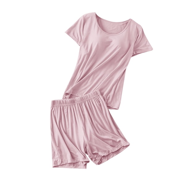 Paiwinds Women's Halter Neck Pajama Set with Built-In Bra Pads Soft Modal Cotton Polyester Blend Short Sleeves Loose Fit Comfortable Summer Loungewear