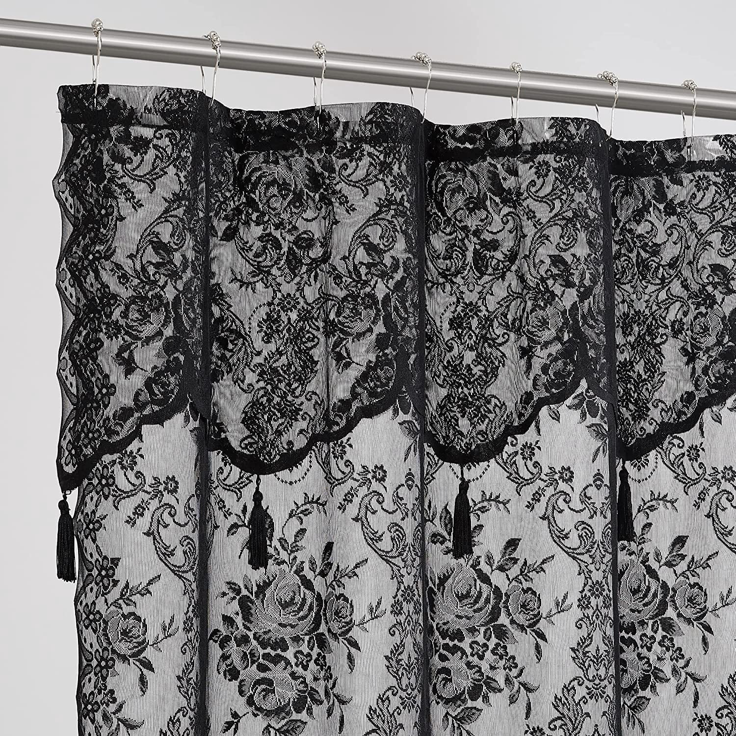 WARM HOME DESIGNS Black Extra Long Lace Shower Curtain 72 W x 96 L Inches with Attached Valance & Tassels. LA Black 96