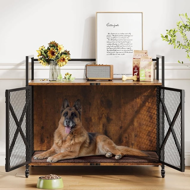 Bingirl 41-Inch Dog Crate Furniture with Cushion and Lockable Wheels for Small, Medium, and Large Dogs