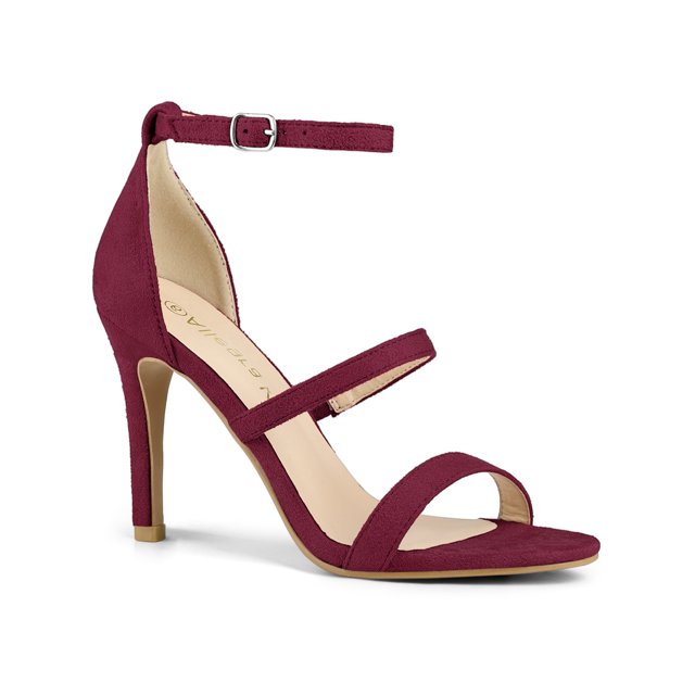 BLISSFUL STEP Women's Shoes Faux Suede Stiletto High Heel Open Toe Adjustable Ankle Strap Sandals Burgundy 5