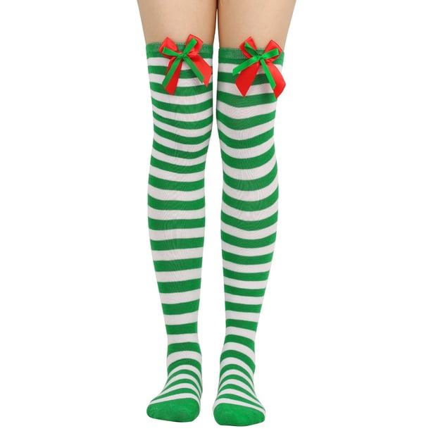 Calcetines largos hasta la rodilla para mujer, lisos, con lazo navideño y bola, cálidos, para mujer