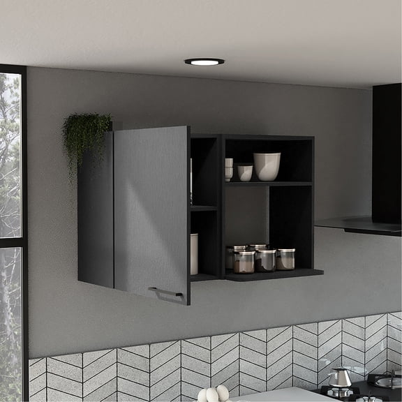 Black Kitchen Wall Cabinet , Two Doors And Shelves, Built From Strong Particle Board Style, & With