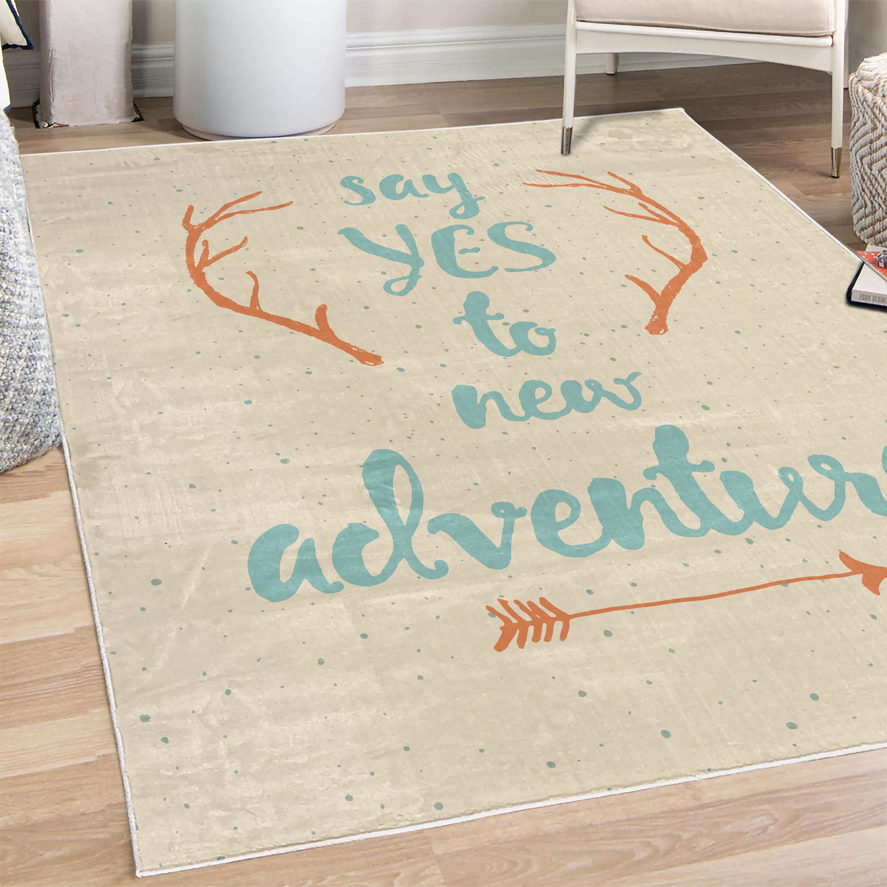 Adventure Decorative Rug, Calligraphic Words Antlers and Arrow on ...