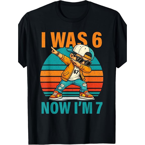 children’s wear Funny Dabbing Boy 7th Birthday Shirt for Boys Kids I Was 6 Now I'm 7 Retro Sunset Graphic Tee