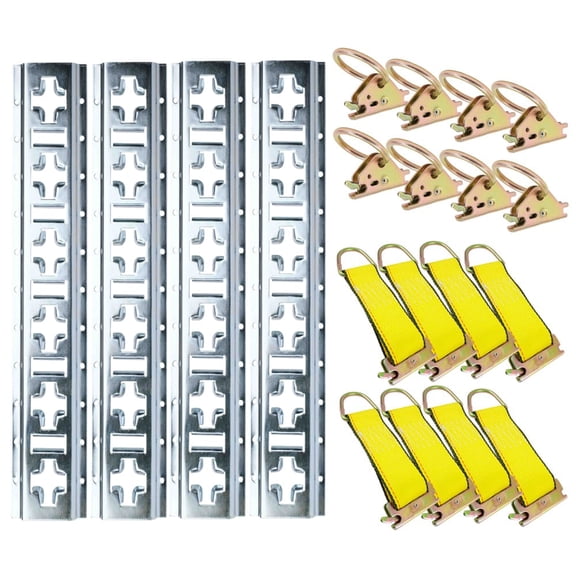 E-Track Tie-Down Rail Kit:- 20 Pcs Includes 4 Horizontal & Vertical 5' Rails Galvanized, 8 Tie Down D-Ring, 8 Rope Tie Off