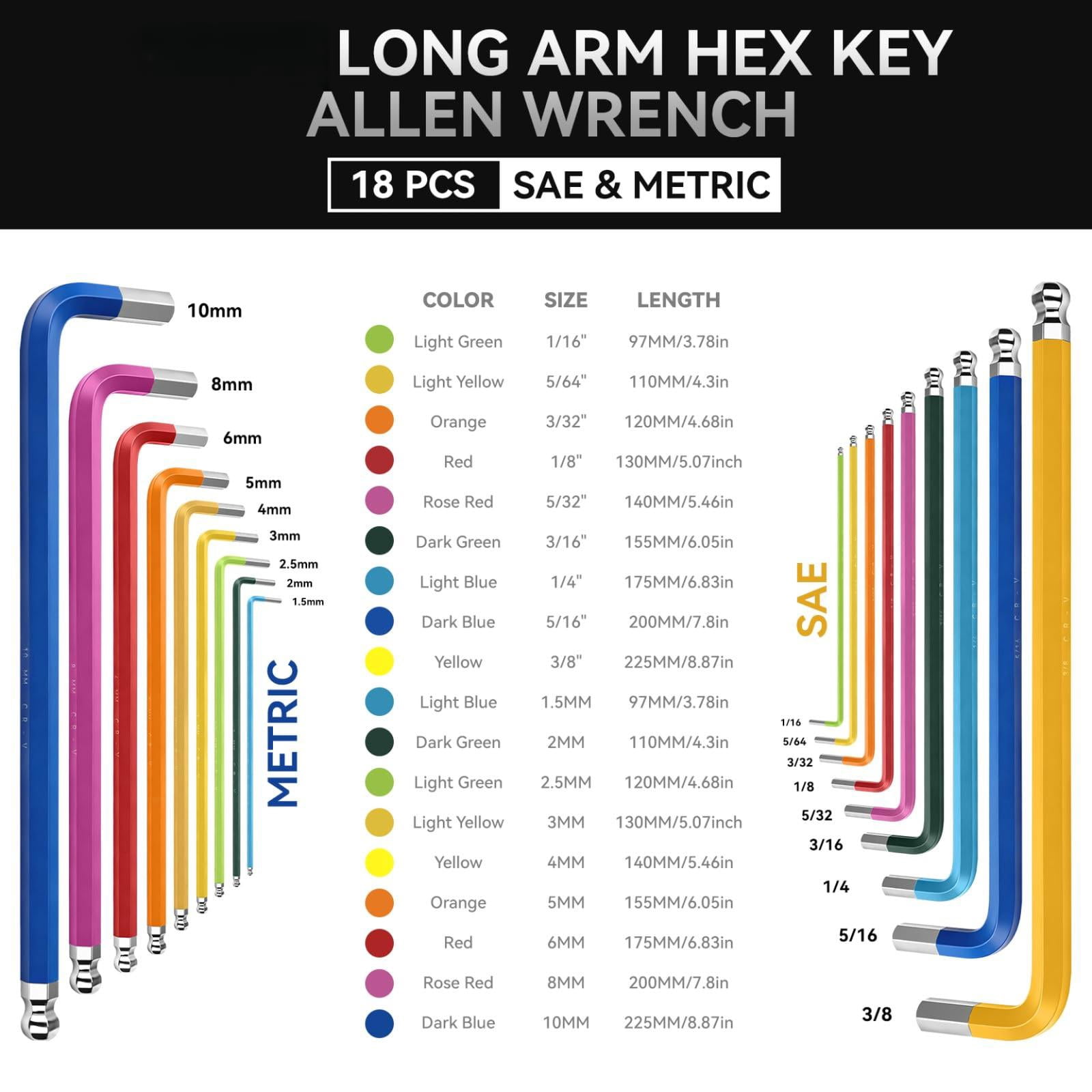Hex Key Set  18 Metric & Sae Size Extra Long Arm Allen Wrench With Ball End Color Coding Design 1.5-10 Mm 1/16-3/8 Inch For Bicycle Household Diy Chrome Vanadium Steel